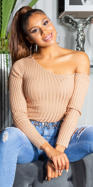 een-schouder geribbelde sweater-trui bruin